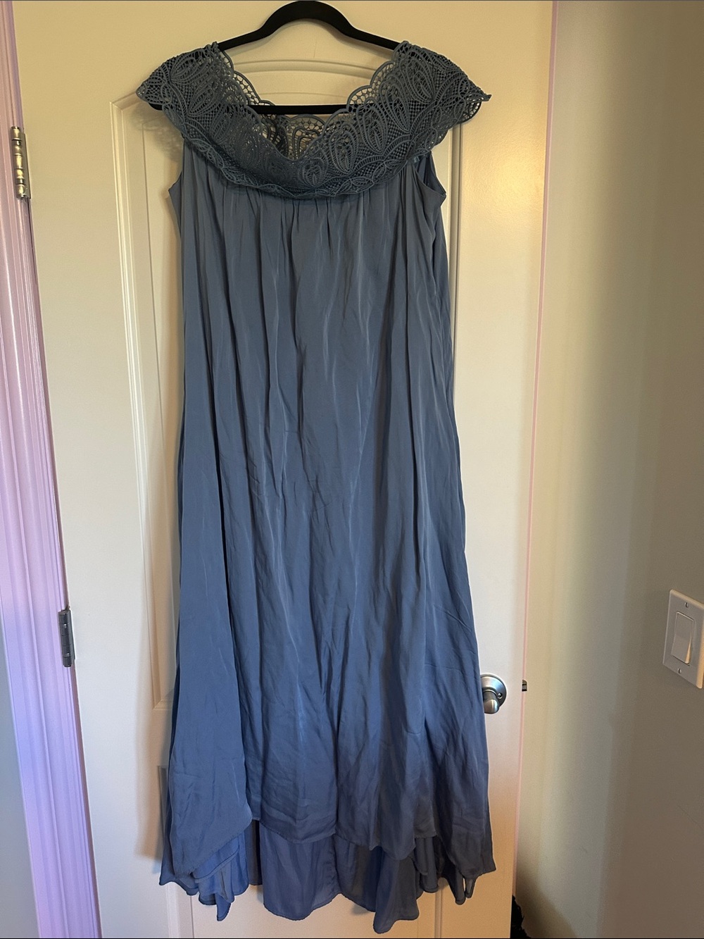 Self-Portrait Dusty Blue Crochet-Trim Maxi Dress, very unique design